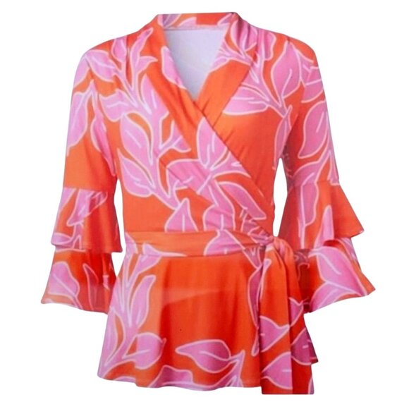 Venus Leaf Print Ruffle Sleeve True Wrap Orange and Pink Blouse Top NEW - Picture 1 of 11